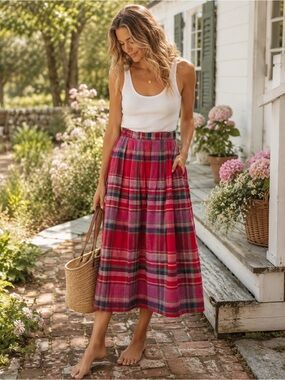 Vintage Madras Plaid Cotton Midi Skirt Red Purple Size 10